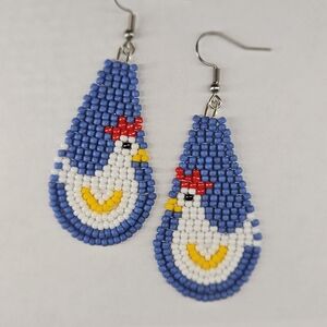 Handmade Blue and White Beaded Chicken Earrings